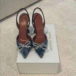 Amina Muaddi Denim Crystal Bow Slingback Pumps